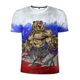 Мужская футболка 3D спортивная с принтом Медведь в Екатеринбурге, 100% полиэстер с улучшенными характеристиками | приталенный силуэт, круглая горловина, широкие плечи, сужается к линии бедра | флаг россии