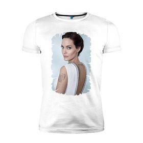 Мужская футболка премиум с принтом Angelina Jolie в Екатеринбурге, 92% хлопок, 8% лайкра | приталенный силуэт, круглый вырез ворота, длина до линии бедра, короткий рукав | Тематика изображения на принте: татуировки