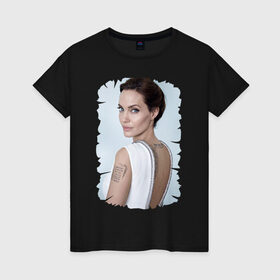 Женская футболка хлопок с принтом Angelina Jolie в Екатеринбурге, 100% хлопок | прямой крой, круглый вырез горловины, длина до линии бедер, слегка спущенное плечо | татуировки