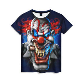 Женская футболка 3D с принтом Клоун в Екатеринбурге, 100% полиэфир ( синтетическое хлопкоподобное полотно) | прямой крой, круглый вырез горловины, длина до линии бедер | Тематика изображения на принте: halloween | злодей | злой | клоун | монстр | хэлоуин