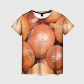 Женская футболка 3D с принтом Лук-лучок в Екатеринбурге, 100% полиэфир ( синтетическое хлопкоподобное полотно) | прямой крой, круглый вырез горловины, длина до линии бедер | золотая | лук | луковица | лучок | опарин | ургант | эхлуклучок