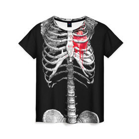 Женская футболка 3D с принтом Скелет с сердцем в Екатеринбурге, 100% полиэфир ( синтетическое хлопкоподобное полотно) | прямой крой, круглый вырез горловины, длина до линии бедер | halloween | skeleton | кровь | скелет | хэллоуин