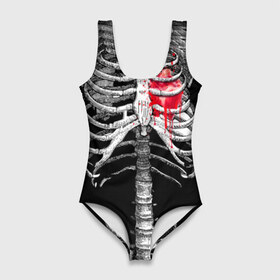 Купальник-боди 3D с принтом Скелет с сердцем в Екатеринбурге, 82% полиэстер, 18% эластан | Круглая горловина, круглый вырез на спине | Тематика изображения на принте: halloween | skeleton | кровь | скелет | хэллоуин