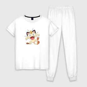 Женская пижама хлопок с принтом Pokemon в Екатеринбурге, 100% хлопок | брюки и футболка прямого кроя, без карманов, на брюках мягкая резинка на поясе и по низу штанин | kat | pokemon | анимэ | кот | мяут | покемон