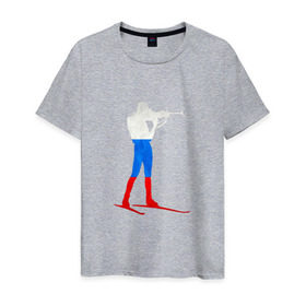 Мужская футболка хлопок с принтом Biathlon Russia в Екатеринбурге, 100% хлопок | прямой крой, круглый вырез горловины, длина до линии бедер, слегка спущенное плечо. | биатлон | виды | зимние | лыжи | россия | спорт