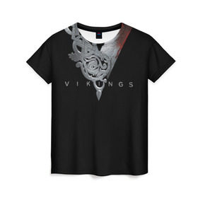 Женская футболка 3D с принтом Эмблема Викингов в Екатеринбурге, 100% полиэфир ( синтетическое хлопкоподобное полотно) | прямой крой, круглый вырез горловины, длина до линии бедер | vikings | вальхалла | викинги | лого | рагнар лодброк | сериалы | эмблема