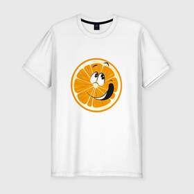 Мужская футболка премиум с принтом Веселый апельсин в Екатеринбурге, 92% хлопок, 8% лайкра | приталенный силуэт, круглый вырез ворота, длина до линии бедра, короткий рукав | Тематика изображения на принте: апельсин | прикольная | рожа | рожица | фрукт