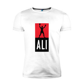 Мужская футболка премиум с принтом Ali by boxcluber в Екатеринбурге, 92% хлопок, 8% лайкра | приталенный силуэт, круглый вырез ворота, длина до линии бедра, короткий рукав | Тематика изображения на принте: muhammad ali | мухаммед али