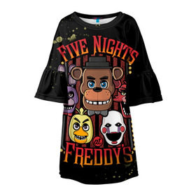 Детское платье 3D с принтом Five Nights At Freddy`s в Екатеринбурге, 100% полиэстер | прямой силуэт, чуть расширенный к низу. Круглая горловина, на рукавах — воланы | Тематика изображения на принте: five nights at freddys | fnaf | freddy | игры | медведь | мишка | фнаф | фредди
