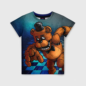 Детская футболка 3D с принтом Five Nights At Freddy`s в Екатеринбурге, 100% гипоаллергенный полиэфир | прямой крой, круглый вырез горловины, длина до линии бедер, чуть спущенное плечо, ткань немного тянется | Тематика изображения на принте: five nights at freddys | fnaf | freddy | игры | медведь | мишка | фнаф | фредди