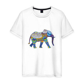 Мужская футболка хлопок с принтом Слон. Мозаика. Индия в Екатеринбурге, 100% хлопок | прямой крой, круглый вырез горловины, длина до линии бедер, слегка спущенное плечо. | индия | мозаика | слон