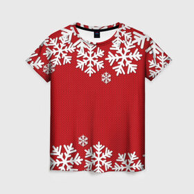 Женская футболка 3D с принтом Снежинки в Екатеринбурге, 100% полиэфир ( синтетическое хлопкоподобное полотно) | прямой крой, круглый вырез горловины, длина до линии бедер | new year | snowflake | sweater | winter | зима | новый год | рождество | с новым годом | сhristmas | свитер | снежинка