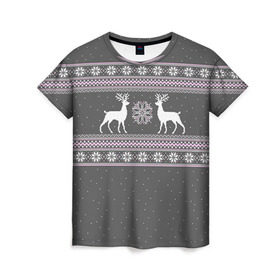 Женская футболка 3D с принтом Свитер с оленями в Екатеринбурге, 100% полиэфир ( синтетическое хлопкоподобное полотно) | прямой крой, круглый вырез горловины, длина до линии бедер | deer | new year | sweater | winter | зима | новый год | олени | рождество | сhristmas | свитер