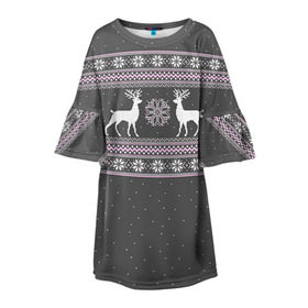 Детское платье 3D с принтом Свитер с оленями в Екатеринбурге, 100% полиэстер | прямой силуэт, чуть расширенный к низу. Круглая горловина, на рукавах — воланы | Тематика изображения на принте: deer | new year | sweater | winter | зима | новый год | олени | рождество | сhristmas | свитер