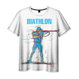 Мужская футболка 3D с принтом Биатлон в Екатеринбурге, 100% полиэфир | прямой крой, круглый вырез горловины, длина до линии бедер | biathlon | sport | winter | биатлон | биатлонисты | зимние виды спорта | спорт | стрельба