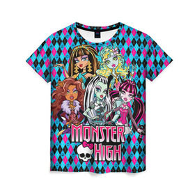 Женская футболка 3D с принтом Monster High в Екатеринбурге, 100% полиэфир ( синтетическое хлопкоподобное полотно) | прямой крой, круглый вырез горловины, длина до линии бедер | монстер хай