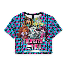 Женская футболка 3D укороченная с принтом Monster High в Екатеринбурге, 100% полиэстер | круглая горловина, длина футболки до линии талии, рукава с отворотами | монстер хай