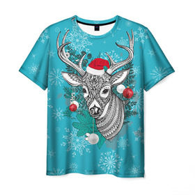 Мужская футболка 3D с принтом Новогодний олень в Екатеринбурге, 100% полиэфир | прямой крой, круглый вырез горловины, длина до линии бедер | 2016 | christmas | deer | год | новогодний | новый | олень | рождественский | с новым годом