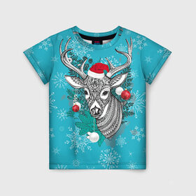 Детская футболка 3D с принтом Новогодний олень в Екатеринбурге, 100% гипоаллергенный полиэфир | прямой крой, круглый вырез горловины, длина до линии бедер, чуть спущенное плечо, ткань немного тянется | 2016 | christmas | deer | год | новогодний | новый | олень | рождественский | с новым годом
