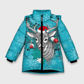 Зимняя куртка для девочек 3D с принтом Новогодний олень в Екатеринбурге, ткань верха — 100% полиэстер; подклад — 100% полиэстер, утеплитель — 100% полиэстер. | длина ниже бедра, удлиненная спинка, воротник стойка и отстегивающийся капюшон. Есть боковые карманы с листочкой на кнопках, утяжки по низу изделия и внутренний карман на молнии. 

Предусмотрены светоотражающий принт на спинке, радужный светоотражающий элемент на пуллере молнии и на резинке для утяжки. | 2016 | christmas | deer | год | новогодний | новый | олень | рождественский | с новым годом