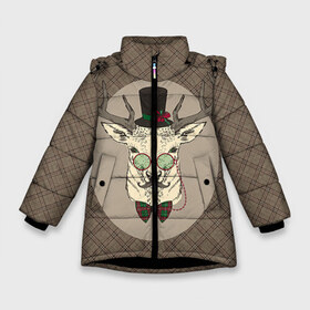 Зимняя куртка для девочек 3D с принтом Deer в Екатеринбурге, ткань верха — 100% полиэстер; подклад — 100% полиэстер, утеплитель — 100% полиэстер. | длина ниже бедра, удлиненная спинка, воротник стойка и отстегивающийся капюшон. Есть боковые карманы с листочкой на кнопках, утяжки по низу изделия и внутренний карман на молнии. 

Предусмотрены светоотражающий принт на спинке, радужный светоотражающий элемент на пуллере молнии и на резинке для утяжки. | 2016 | christmas | deer | год | новогодний | новый | олень | рождественский | с новым годом