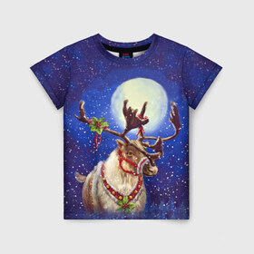 Детская футболка 3D с принтом Christmas deer в Екатеринбурге, 100% гипоаллергенный полиэфир | прямой крой, круглый вырез горловины, длина до линии бедер, чуть спущенное плечо, ткань немного тянется | Тематика изображения на принте: 2016 | christmas | deer | год | новогодний | новый | олень | рождественский | с новым годом