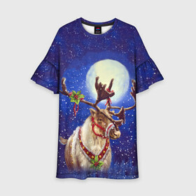 Детское платье 3D с принтом Christmas deer в Екатеринбурге, 100% полиэстер | прямой силуэт, чуть расширенный к низу. Круглая горловина, на рукавах — воланы | Тематика изображения на принте: 2016 | christmas | deer | год | новогодний | новый | олень | рождественский | с новым годом