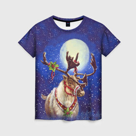 Женская футболка 3D с принтом Christmas deer в Екатеринбурге, 100% полиэфир ( синтетическое хлопкоподобное полотно) | прямой крой, круглый вырез горловины, длина до линии бедер | 2016 | christmas | deer | год | новогодний | новый | олень | рождественский | с новым годом