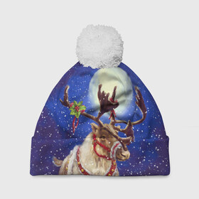Шапка 3D c помпоном с принтом Christmas deer в Екатеринбурге, 100% полиэстер | универсальный размер, печать по всей поверхности изделия | 2016 | christmas | deer | год | новогодний | новый | олень | рождественский | с новым годом