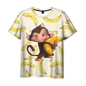 Мужская футболка 3D с принтом Обезьяна с бананом в Екатеринбурге, 100% полиэфир | прямой крой, круглый вырез горловины, длина до линии бедер | Тематика изображения на принте: мартышка | обезьяна