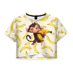 Женская футболка 3D укороченная с принтом Обезьяна с бананом в Екатеринбурге, 100% полиэстер | круглая горловина, длина футболки до линии талии, рукава с отворотами | мартышка | обезьяна