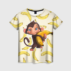 Женская футболка 3D с принтом Обезьяна с бананом в Екатеринбурге, 100% полиэфир ( синтетическое хлопкоподобное полотно) | прямой крой, круглый вырез горловины, длина до линии бедер | Тематика изображения на принте: мартышка | обезьяна