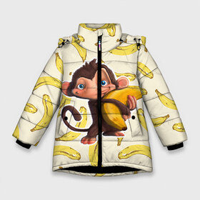 Зимняя куртка для девочек 3D с принтом Обезьяна с бананом в Екатеринбурге, ткань верха — 100% полиэстер; подклад — 100% полиэстер, утеплитель — 100% полиэстер. | длина ниже бедра, удлиненная спинка, воротник стойка и отстегивающийся капюшон. Есть боковые карманы с листочкой на кнопках, утяжки по низу изделия и внутренний карман на молнии. 

Предусмотрены светоотражающий принт на спинке, радужный светоотражающий элемент на пуллере молнии и на резинке для утяжки. | мартышка | обезьяна