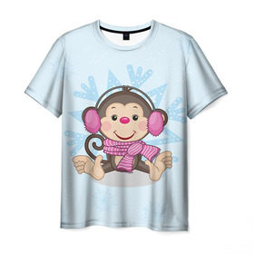 Мужская футболка 3D с принтом Обезьянка в Екатеринбурге, 100% полиэфир | прямой крой, круглый вырез горловины, длина до линии бедер | 2016 | год | мартышка | новый | обезьяна | с новым год | снежинка