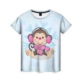 Женская футболка 3D с принтом Обезьянка в Екатеринбурге, 100% полиэфир ( синтетическое хлопкоподобное полотно) | прямой крой, круглый вырез горловины, длина до линии бедер | 2016 | год | мартышка | новый | обезьяна | с новым год | снежинка