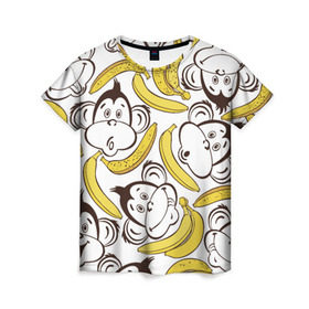 Женская футболка 3D с принтом Обезьянки и бананы в Екатеринбурге, 100% полиэфир ( синтетическое хлопкоподобное полотно) | прямой крой, круглый вырез горловины, длина до линии бедер | банан