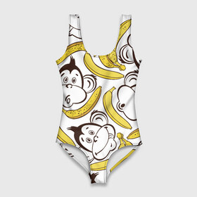 Купальник-боди 3D с принтом Обезьянки и бананы в Екатеринбурге, 82% полиэстер, 18% эластан | Круглая горловина, круглый вырез на спине | банан