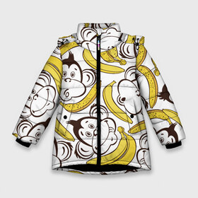 Зимняя куртка для девочек 3D с принтом Обезьянки и бананы в Екатеринбурге, ткань верха — 100% полиэстер; подклад — 100% полиэстер, утеплитель — 100% полиэстер. | длина ниже бедра, удлиненная спинка, воротник стойка и отстегивающийся капюшон. Есть боковые карманы с листочкой на кнопках, утяжки по низу изделия и внутренний карман на молнии. 

Предусмотрены светоотражающий принт на спинке, радужный светоотражающий элемент на пуллере молнии и на резинке для утяжки. | банан