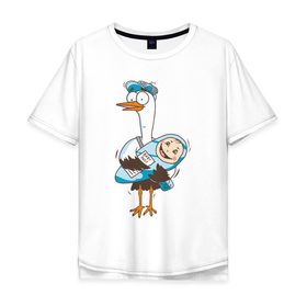 Мужская футболка хлопок Oversize с принтом Аист с малышом в Екатеринбурге, 100% хлопок | свободный крой, круглый ворот, “спинка” длиннее передней части | аист | девочка | малыш | мальчик | ребенок