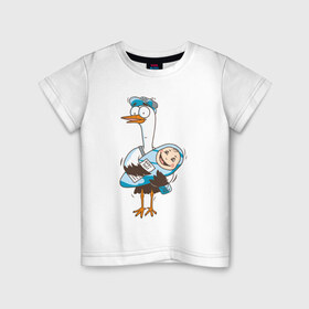Детская футболка хлопок с принтом Аист с малышом в Екатеринбурге, 100% хлопок | круглый вырез горловины, полуприлегающий силуэт, длина до линии бедер | аист | девочка | малыш | мальчик | ребенок