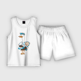 Детская пижама с шортами хлопок с принтом Аист с малышом в Екатеринбурге,  |  | Тематика изображения на принте: аист | девочка | малыш | мальчик | ребенок
