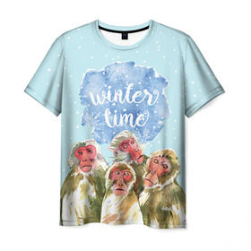 Мужская футболка 3D с принтом Зимняя пора в Екатеринбурге, 100% полиэфир | прямой крой, круглый вырез горловины, длина до линии бедер | winter | год | зима | мартышка | новогодний | новый | обезьяна | обезьянка | подарок | с новым годом | снег