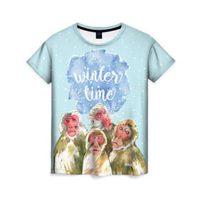 Женская футболка 3D с принтом Зимняя пора в Екатеринбурге, 100% полиэфир ( синтетическое хлопкоподобное полотно) | прямой крой, круглый вырез горловины, длина до линии бедер | winter | год | зима | мартышка | новогодний | новый | обезьяна | обезьянка | подарок | с новым годом | снег