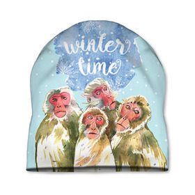 Шапка 3D с принтом Зимняя пора в Екатеринбурге, 100% полиэстер | универсальный размер, печать по всей поверхности изделия | winter | год | зима | мартышка | новогодний | новый | обезьяна | обезьянка | подарок | с новым годом | снег