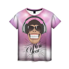 Женская футболка 3D с принтом Веселого Нового Года! в Екатеринбурге, 100% полиэфир ( синтетическое хлопкоподобное полотно) | прямой крой, круглый вырез горловины, длина до линии бедер | 2016 | год | мартышка | новогодний | новый | обезьяна | обезьянка | подарок | с новым годом