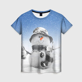 Женская футболка 3D с принтом Снеговик в Екатеринбурге, 100% полиэфир ( синтетическое хлопкоподобное полотно) | прямой крой, круглый вырез горловины, длина до линии бедер | 2016 | winter | год | зима | мартышка | новогодний | новый | обезьяна | обезьянка | подарок | с новым годом | снег | снеговик