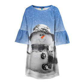 Детское платье 3D с принтом Снеговик в Екатеринбурге, 100% полиэстер | прямой силуэт, чуть расширенный к низу. Круглая горловина, на рукавах — воланы | 2016 | winter | год | зима | мартышка | новогодний | новый | обезьяна | обезьянка | подарок | с новым годом | снег | снеговик