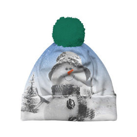 Шапка 3D c помпоном с принтом Снеговик в Екатеринбурге, 100% полиэстер | универсальный размер, печать по всей поверхности изделия | 2016 | winter | год | зима | мартышка | новогодний | новый | обезьяна | обезьянка | подарок | с новым годом | снег | снеговик
