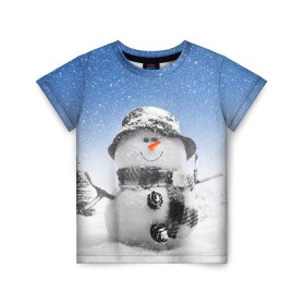 Детская футболка 3D с принтом Снеговик в Екатеринбурге, 100% гипоаллергенный полиэфир | прямой крой, круглый вырез горловины, длина до линии бедер, чуть спущенное плечо, ткань немного тянется | 2016 | winter | год | зима | мартышка | новогодний | новый | обезьяна | обезьянка | подарок | с новым годом | снег | снеговик