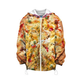 Детская куртка 3D с принтом Пицца в Екатеринбурге, 100% полиэстер | застежка — молния, подол и капюшон оформлены резинкой с фиксаторами, по бокам — два кармана без застежек, один потайной карман на груди, плотность верхнего слоя — 90 г/м2; плотность флисового подклада — 260 г/м2 | Тематика изображения на принте: еда | пицца